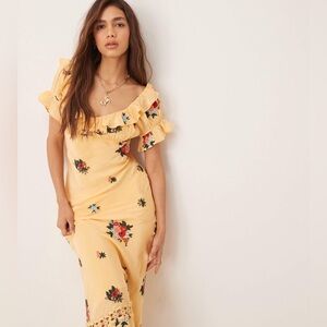 Free People Bali Santa Cruz Ruffle Maxi Dress Golden Yellow Floral NWT Small
